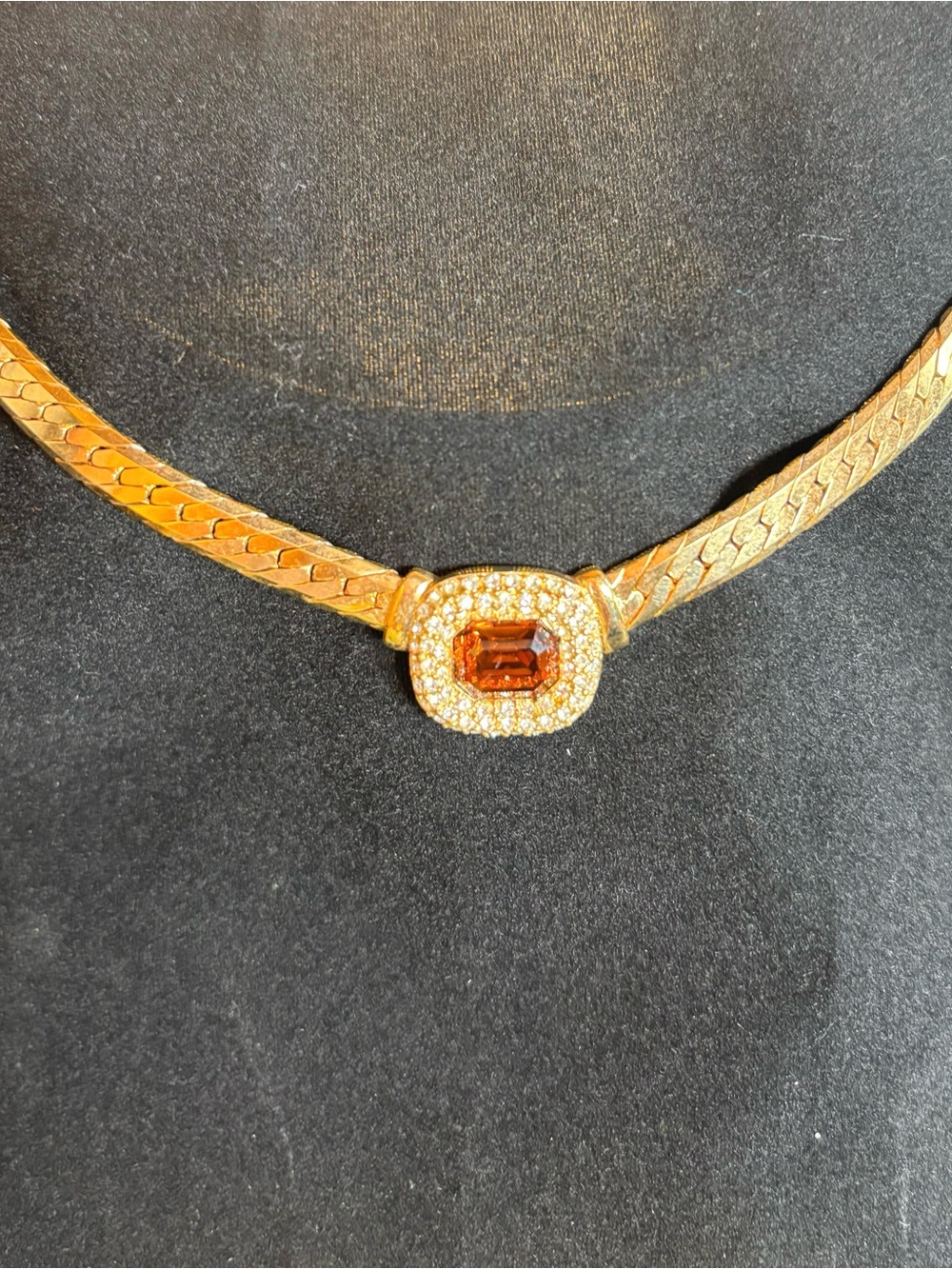Vintage Christian Dior Herringbone Necklace Amber Center and Crystal Pavé Accent